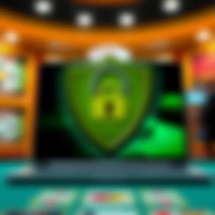 Digital representation of a secure online casino platform with a shield symbolizing strong security measures