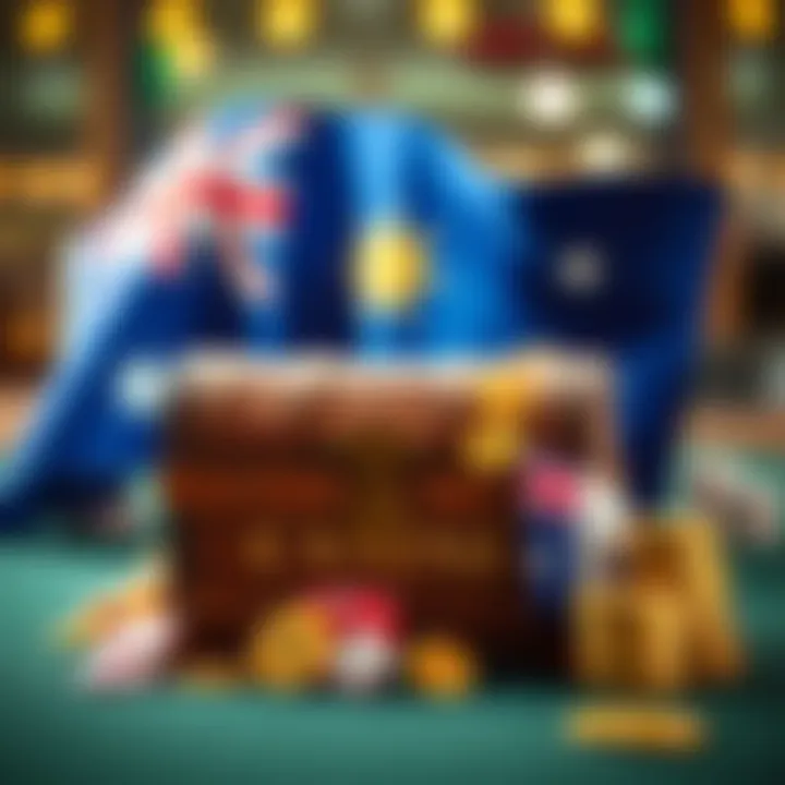 Australian flag with a treasure chest filled with casino chips and bonus tokens