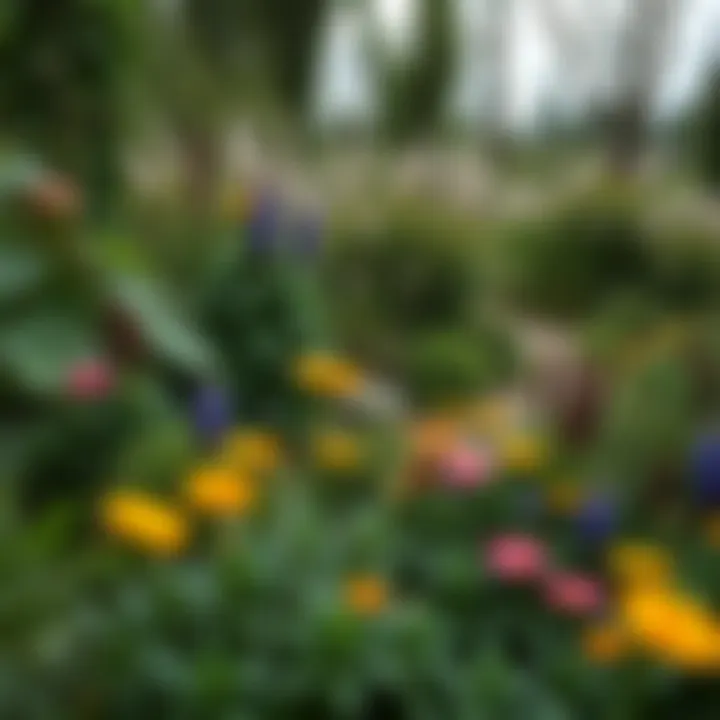 Lush garden with native plants and wildflowers blending seamlessly into a natural woodland area