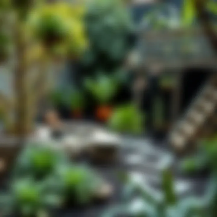 Peaceful garden corner featuring a variety of plants arranged in calming patterns with elements inviting local wildlife