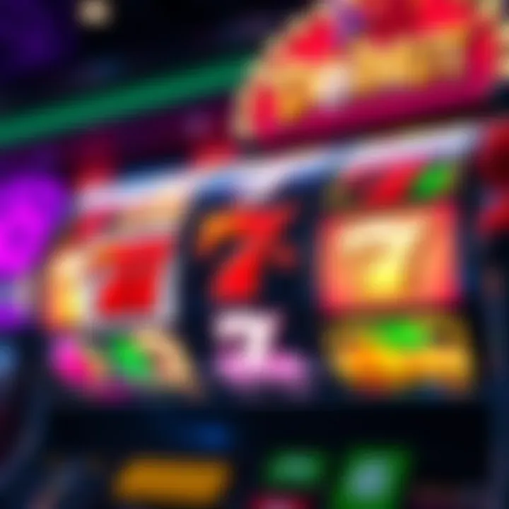 Colorful slot machine reels displaying various fruit and lucky seven symbols on a vibrant casino background