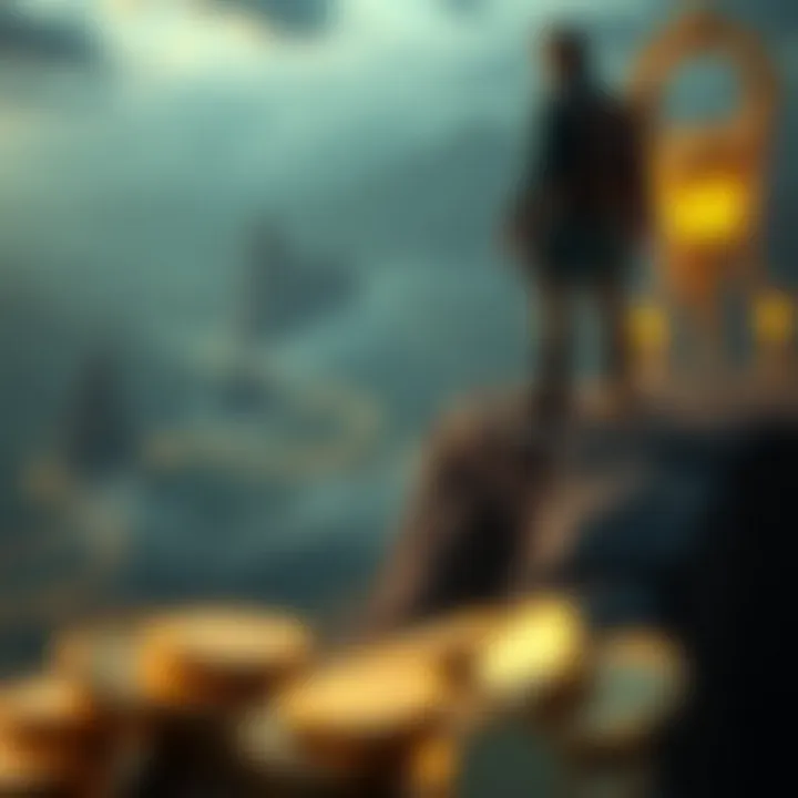 An adventurous figure stands on a cliff overlooking a vast landscape with symbols of fortune and glory surrounding him