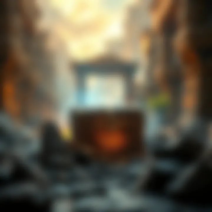 A dynamic scene depicting a treasure chest glowing with light amidst ancient ruins, symbolizing the pursuit of wealth and honor