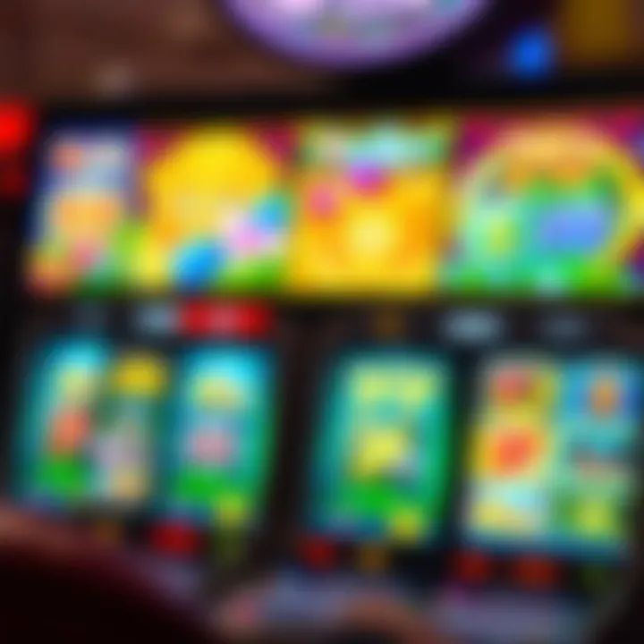 Colorful online pokies interface displaying various themed slot machines with bright symbols