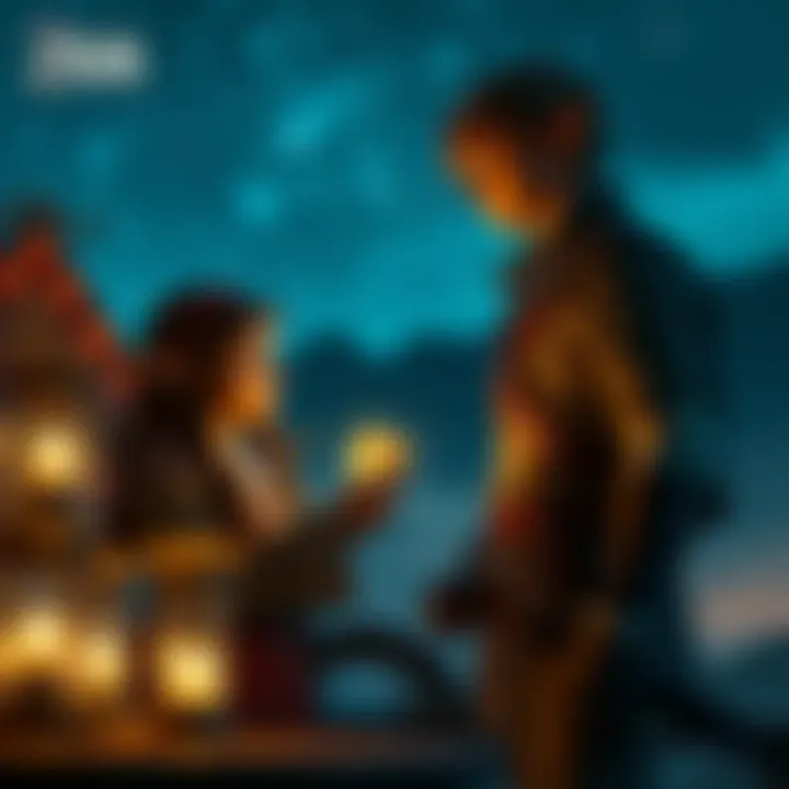 Player character interacting with the fortune teller, receiving a mystical glowing fortune card under a starry sky