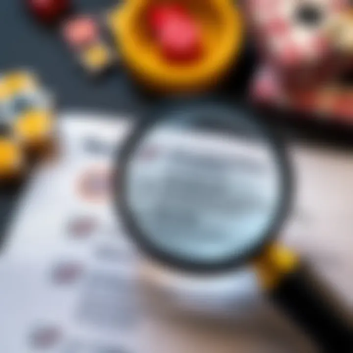 Checklist highlighting important terms and conditions for casino bonuses with a magnifying glass focusing on key details