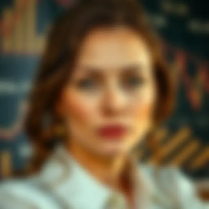 Portrait of Olivia Wilde with a background of abstract financial symbols and charts
