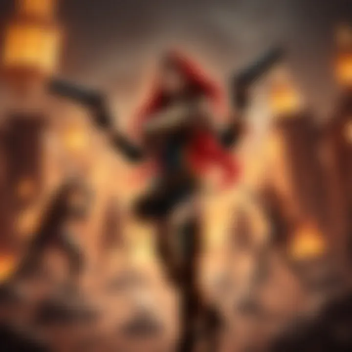Miss Fortune's Combat Pose in Wild Rift Miss Fortune standing confidently with dual pistols amidst a Wild Rift battleground, showcasing her attack stance