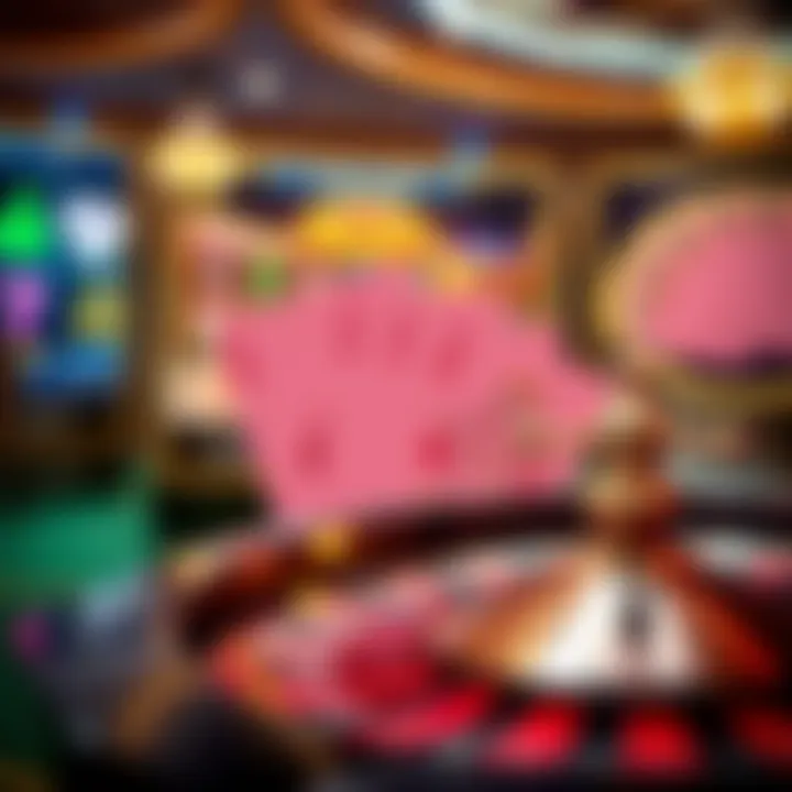 Graphic showing popular casino games including slots, poker cards, and roulette wheel