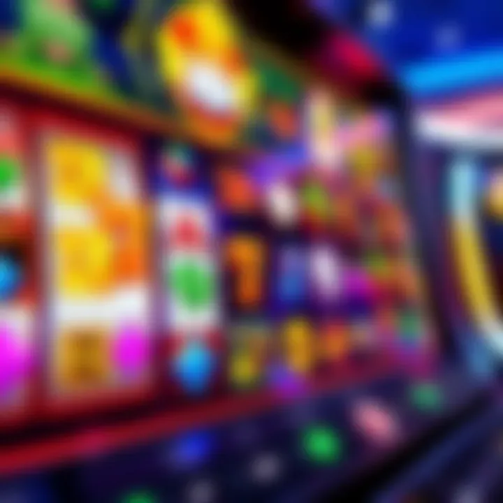 Colorful online slot machine interface with various symbols and spinning reels