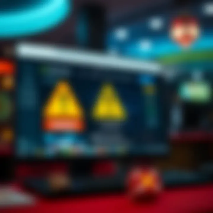 Illustration of a computer screen displaying a suspicious online gambling website with warning symbols