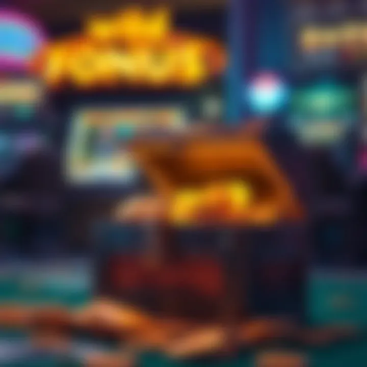 Graphic showing a glowing treasure chest with coins and tokens representing bonus rewards