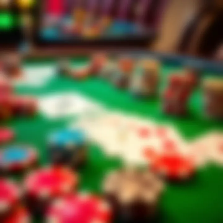 Colorful casino chips and playing cards arranged on a green felt table showcasing a winning bonus moment