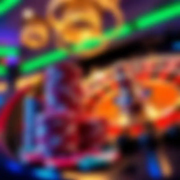 Colorful casino chips stacked next to a roulette wheel with glowing lights