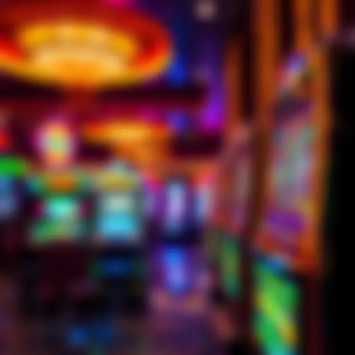 Casino lobby with glowing slot machines and vibrant digital displays
