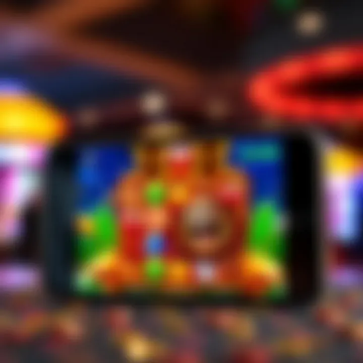 Mobile phone showing a vibrant casino slot game with bonus features