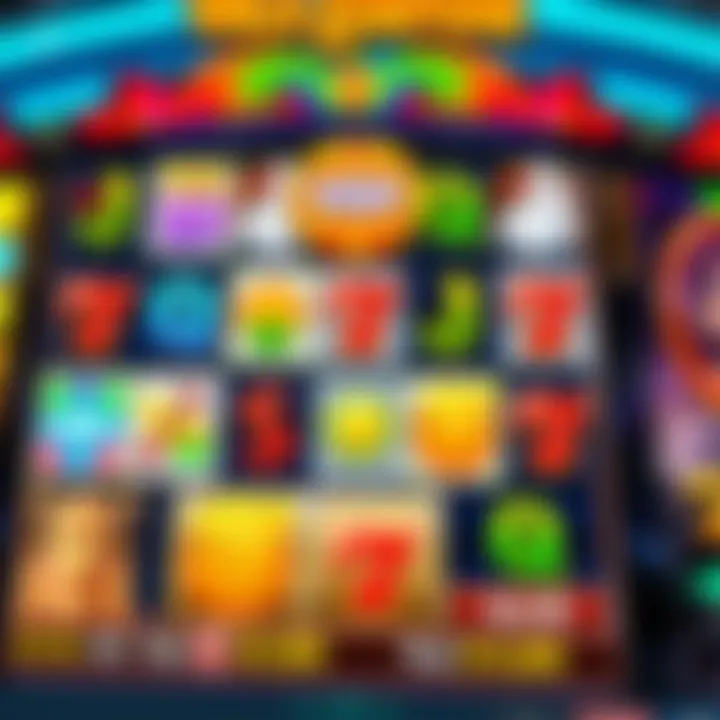 Colorful online slot game interface with various symbols and vibrant graphics