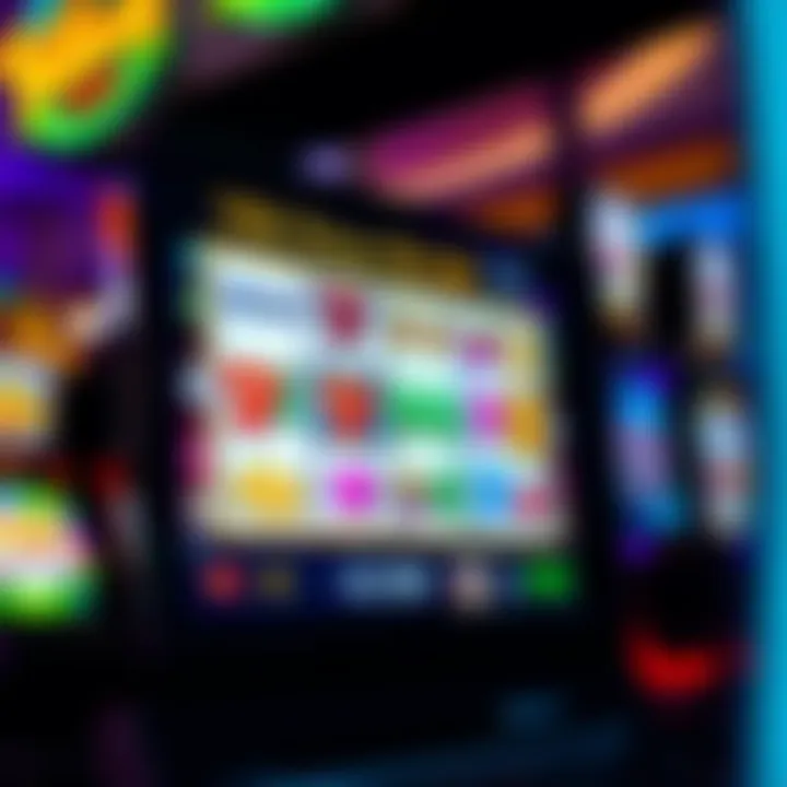 Close-up of a computer screen showing a slot machine game with bright symbols and payout table