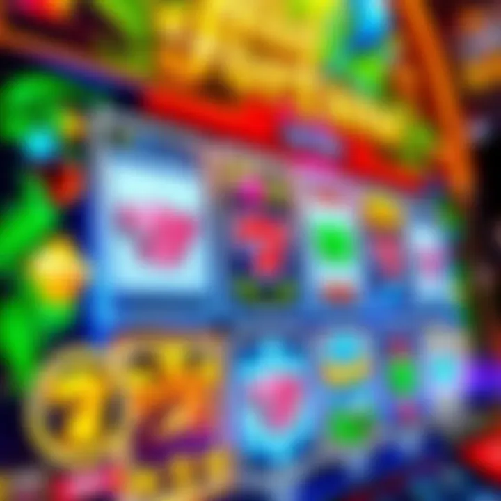 A colorful digital slot machine interface showing spinning reels with various casino symbols