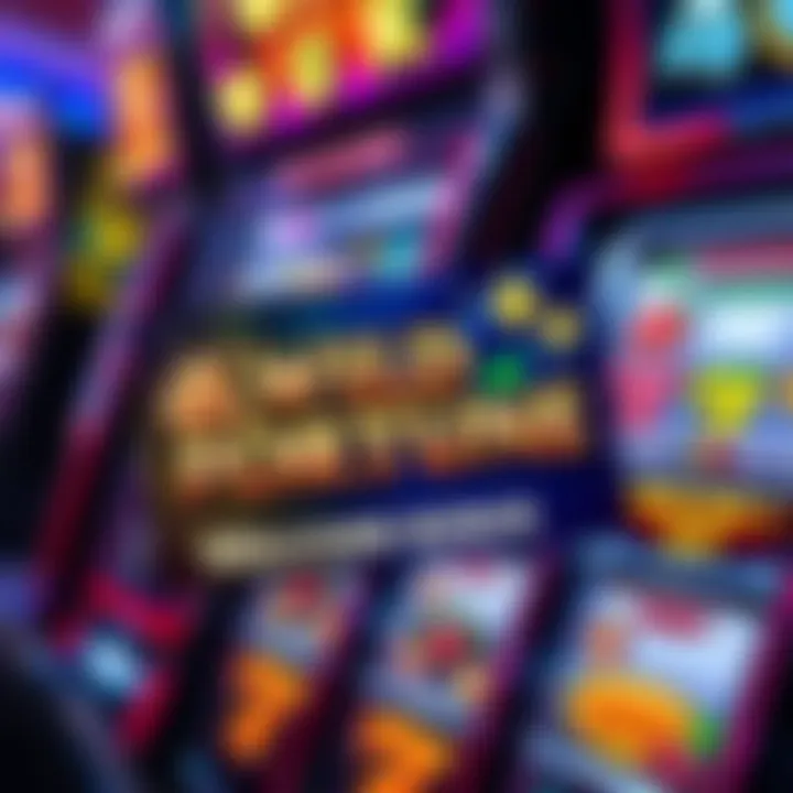 Colorful casino welcome bonus card with spinning slot machine reels