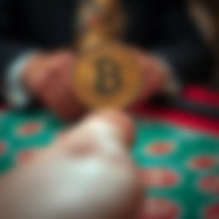 Close-up of a shiny coin balanced on a finger tip during a coin magic trick