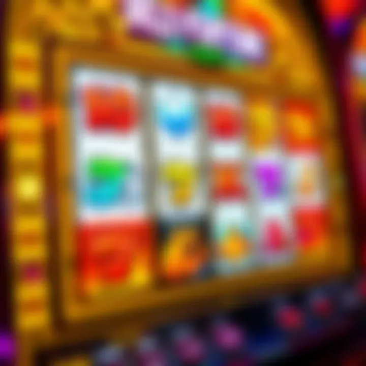 Colorful slot machine reels showing various symbols in a casino game interface