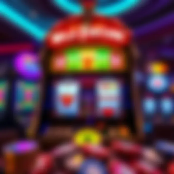 Illustration showing colorful casino slot machine with spinning reels and bright lights