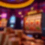 Illustration showing the concept of a casino bonus with coins and a digital slot machine