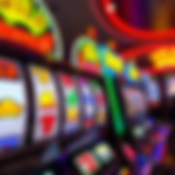 Colorful casino slot machine reels with bright symbols and jackpot lights