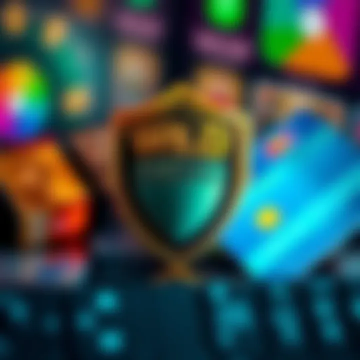 Secure online payment icons including credit cards and digital wallets with a shield symbolizing protection