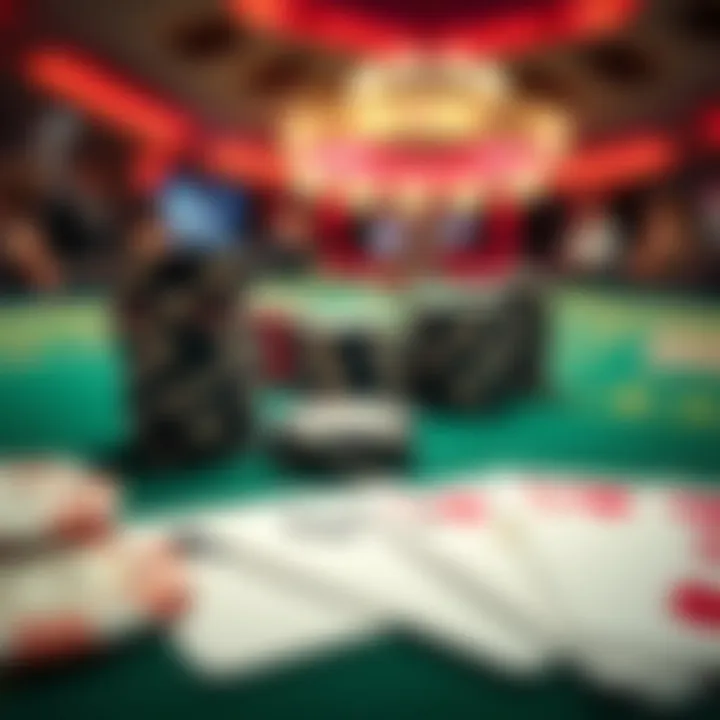 Close-up view of poker chips and playing cards on a casino table highlighting strategic betting