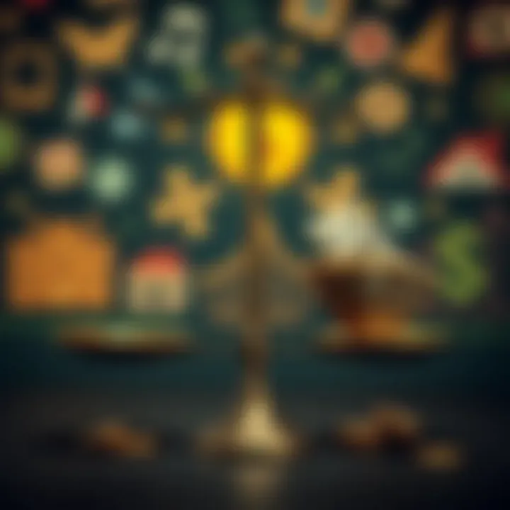 Creative depiction of a balancing scale weighing psychological stress against financial gain amid a backdrop of community and economy symbols