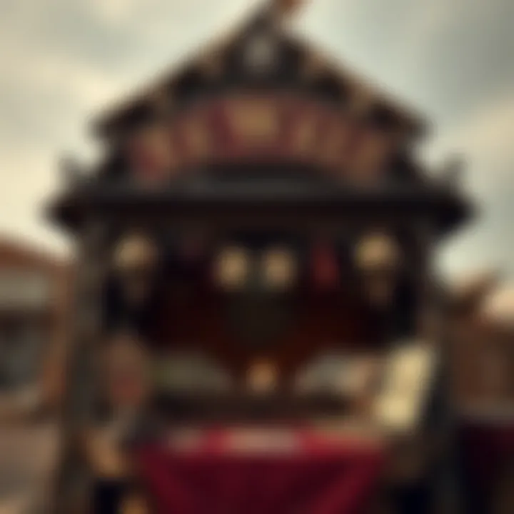 A vintage Wild West fortune teller’s booth adorned with mystical symbols and tarot cards under a canvas tent