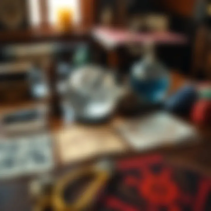 An array of traditional fortune-telling tools including tarot cards, crystal balls, and palmistry charts laid out on a wooden table