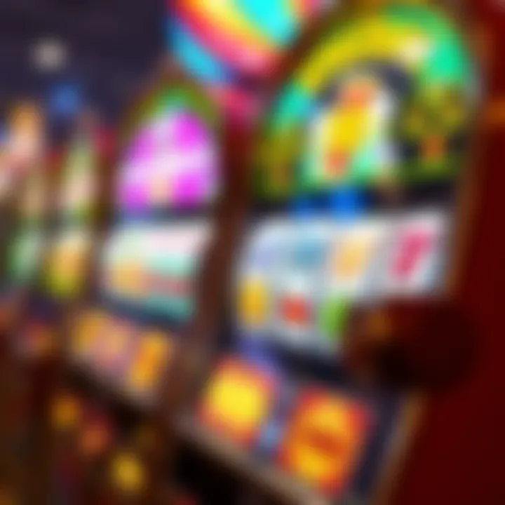 Colorful casino slot machine with spinning reels showcasing various symbols