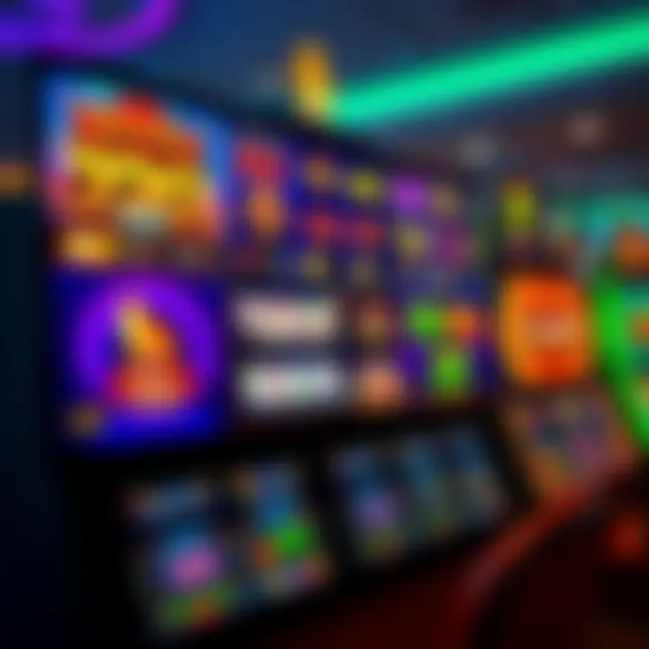 Colorful casino game interface displaying a variety of slot machines and card games on a digital screen