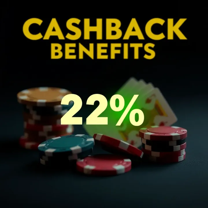 Graphic showing cashback percentage symbol with casino chips and cards on a dark background