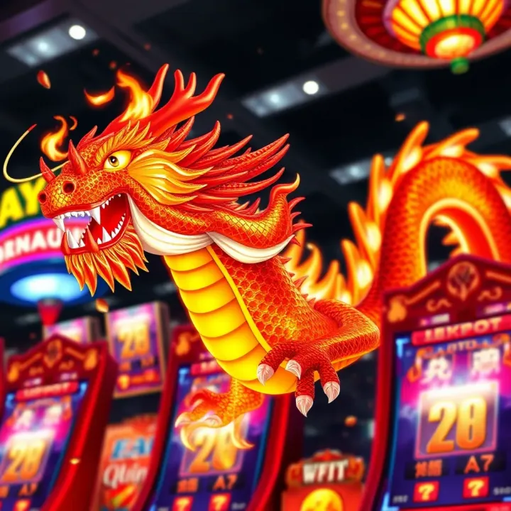 Winning bonus round with fire dragon and glowing jackpots