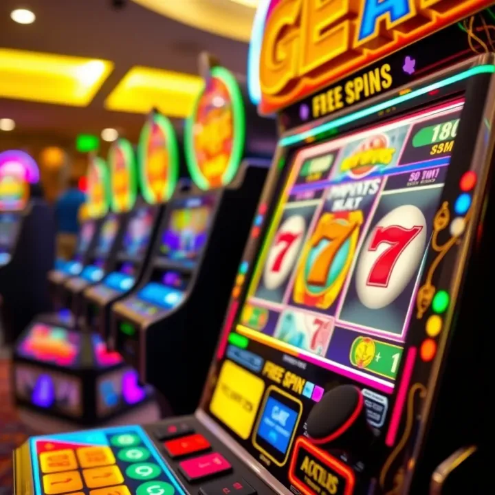 Colorful casino slot machine showing free spins bonus feature active